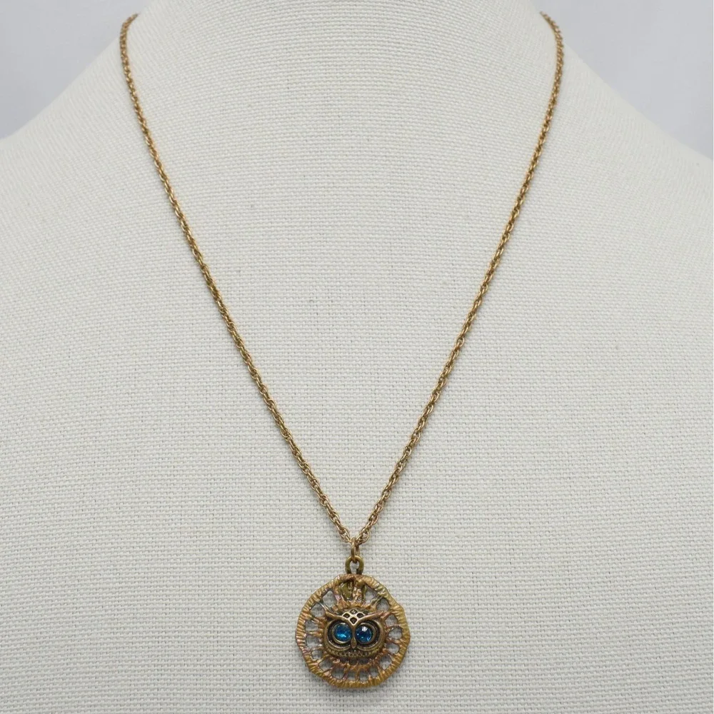 Woodland Owl Pendant Necklace Gold Blue Teal Eyes Whimsical Bohemian Indie Y2K
